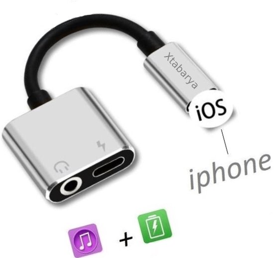 Xtabarya 2 en 1 Adaptateur Audio Aluminium Aux charge Foudre Pour 3,5mm Câble séparateur pour Apple iPhone Xs Max Xr X 7 8 11 12 Pro Plus Cordon Argent splitte