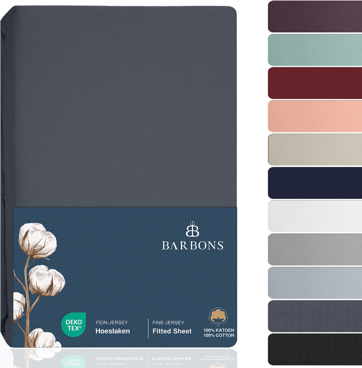 BARBONS hoeslaken 140 x 200 - hoeslakens Jersey 145 g/m² - 100% katoen - donkergrijs