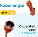 Oranje verlengsnoer van 30 meter met stekker en contactdoos. Tekst: Kabellengte 30 m. Capaciteit voor 1 stekker.