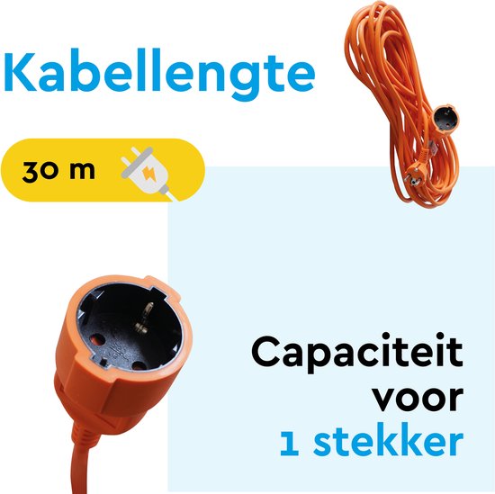 Oranje verlengsnoer van 30 meter met stekker en contactdoos. Tekst: Kabellengte 30 m. Capaciteit voor 1 stekker.