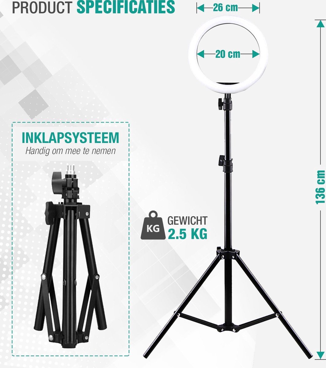 Ringlamp Met Statief – 10 Inch LED – 3 Lichtkleuren & 10 Helderheidsniveaus – 360° Draaibaar – Voor Streaming, Video’s & Overhead Opnames