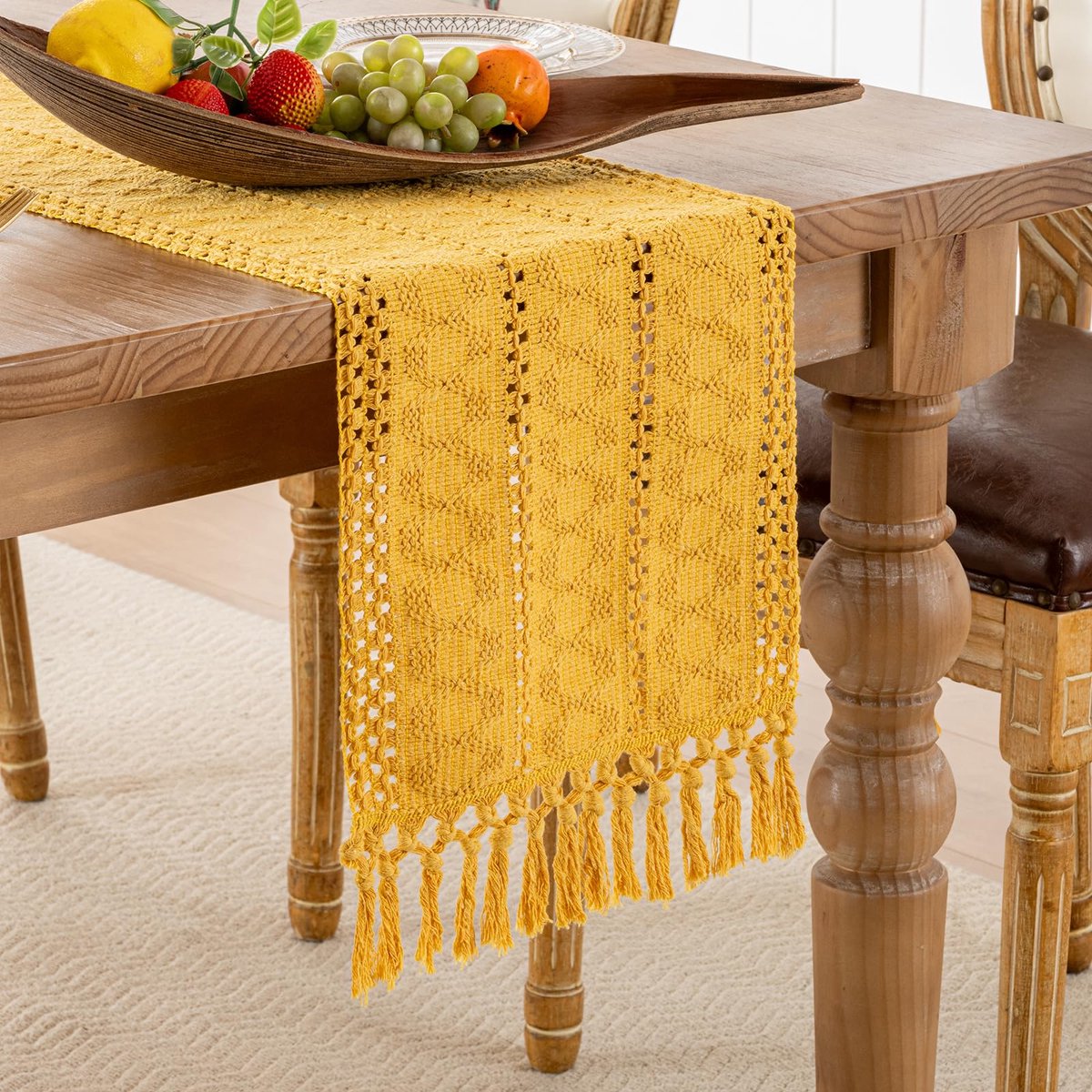 My Ninki ® Tafelloper Geel Macramé voor Rustieke Boerderij Tafel Met Gehaakte Kant en Kwasten 30 x 180 cm