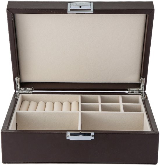 Open bruine sieradendoos van de Emilie collectie, met een beige voering en verschillende vakken voor sieraden.