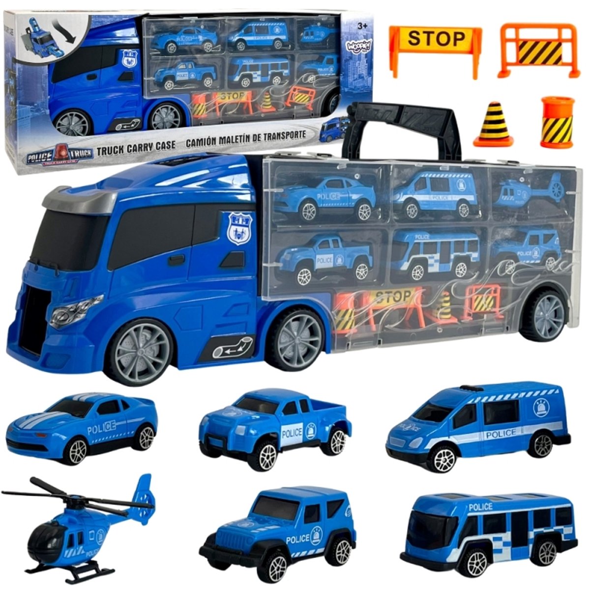 Playos® - Transportwagen - Politie - Blauw - 40 cm - inclusief 6 Voertuigen - met Lanceerder - Transporter Vrachtwagen - Auto - Speelgoed - Rollenspel Speelgoed