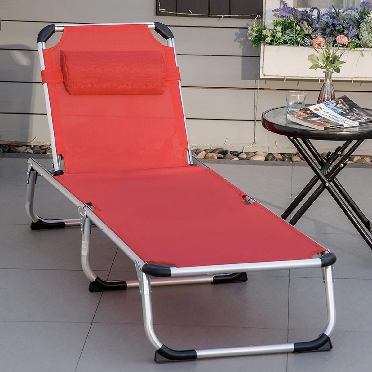 Sweiko Tuinstoel - Met kussen - Opvouwbaar - Verstelbare rugleuning - Maximale belasting 120 kg - Rood