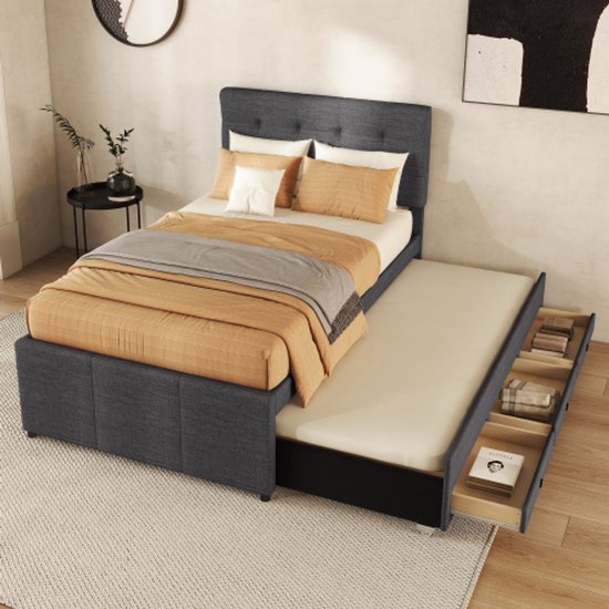 Gestoffeerd Bed 160 X 200 Cm Met 4 Laden En Verstelbaar Hoofdeinde Leds Linnen Stof Grijs Gestoffeerd Bed 160 X 200 Cm Met 4 Laden En Verstelbaar Hoofdeinde Leds Linnen Stof Grijs