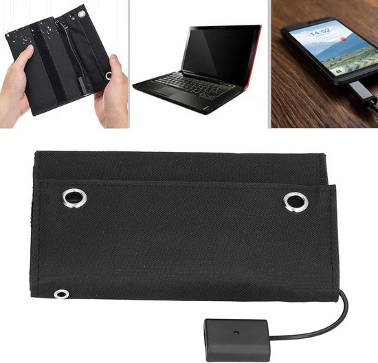 Zwart 15W 5V USB zonnepaneel in gesloten toestand, met afbeeldingen van een laptop en smartphone die worden opgeladen.