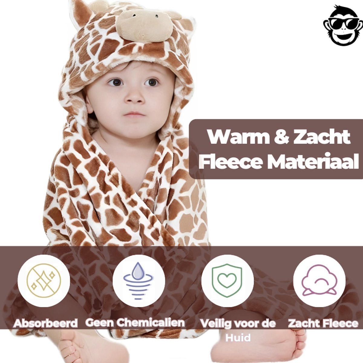 BoefieBoef Giraffe Dieren Badcape Baby 0-3 Jaar – Giraf Baby Handdoek met Capuchon – Fleece Wikkeldeken & Babydeken – Babycape, Omslagdoek & Badponcho – Kraamcadeau & Geboortecadeau – Bruin Geel – foto 6