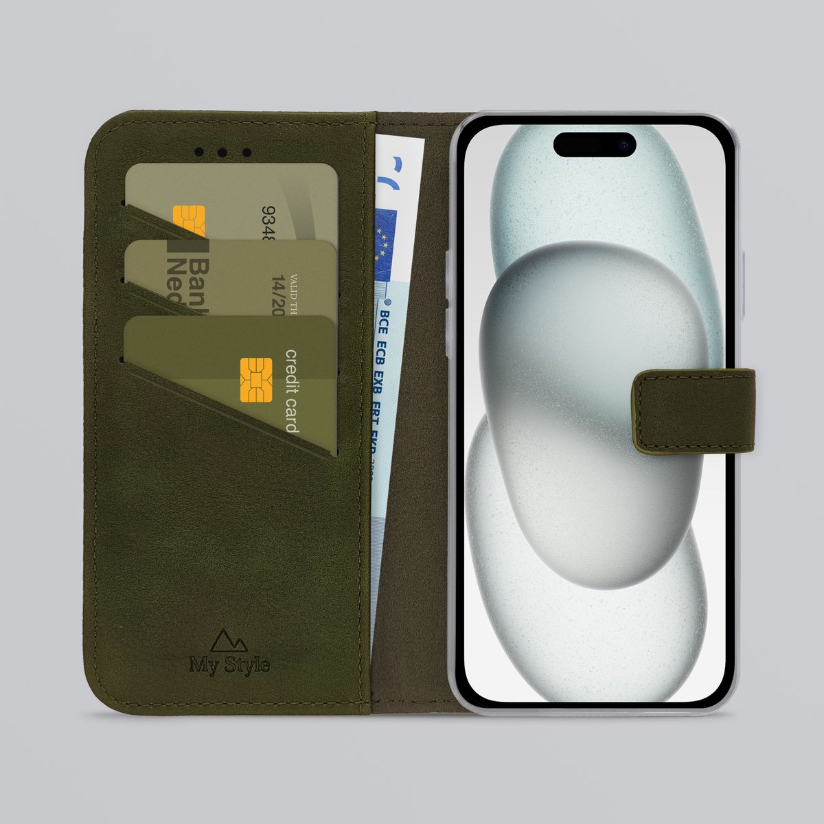 My Style Telefoonhoesje geschikt voor Apple iPhone 15 Hoesje | My Style Flex Wallet Bookcase Portemonnee | Pasjeshouder voor 3 Pasjes | Telefoonhoesje voor Pinpas / OV Kaart / Rijbewijs - Forest Green | Groen