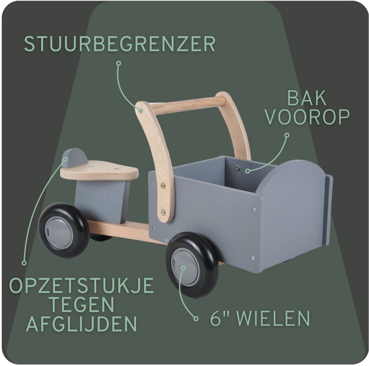 Bandits & Angels Bakfiets Loopfiets Hout Little Rider Grey vanaf 1 jaar - Voor Jongens en Meisjes - Ride-On Houten Bakfiets - Houten Loop Fiets Grijs - Geluidsarme Wielen - Kraamcadeau — afbeelding 7