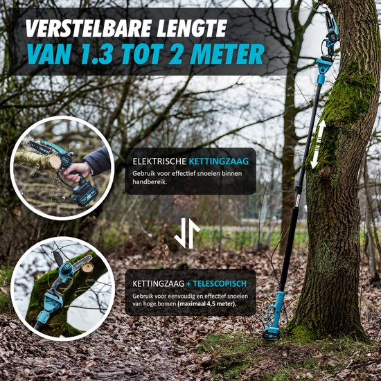 Man snoeit met een turquoise telescoopkettingzaag die verstelbaar is van 1.3 tot 2 meter.