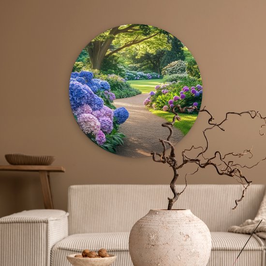 WallCircle® Wandcirkel 60x60 cm - Muurcirkel Hortensia- Park - Pad - Muurdecoratie woonkamer - Wanddecoratie slaapkamer - Kamer decoratie accessoires - Ronde schilderijen