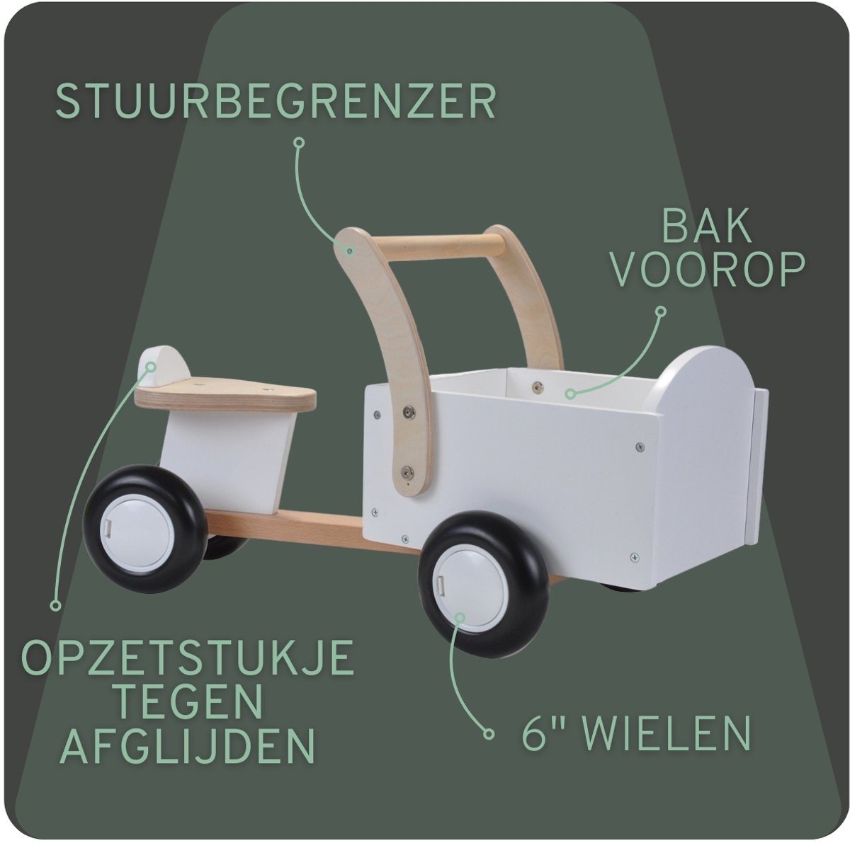 Bandits & Angels Bakfiets Loopfiets Hout Little Rider White vanaf 1 jaar - Voor Jongens en Meisjes - Ride-On Houten Bakfiets - Houten Loop Fiets Wit - Geluidsarme Wielen - Kraamcadeau — afbeelding 3