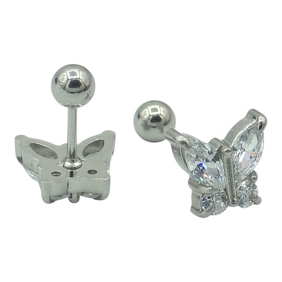 Boucles d'oreilles papillon pour femme ou fille - Acier hypoallergénique - 9,5 x 8,5 mm - Pierres CZ taille Briljant et marquise - Fermeture à vis