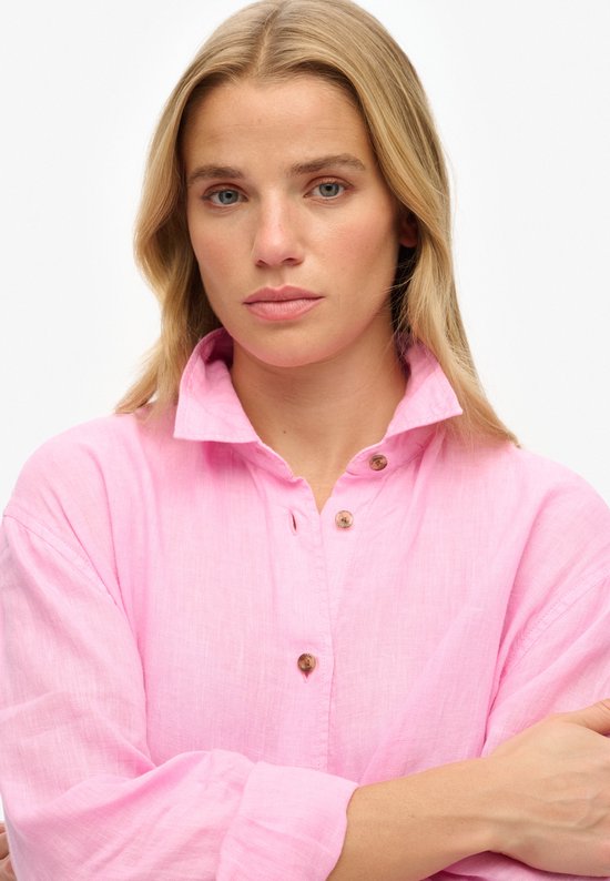 Linnen damesshirt met lange mouwen en V-hals, losse pasvorm, button-down shirt, elegante kantoorwerkblouse, Beige, 4XL