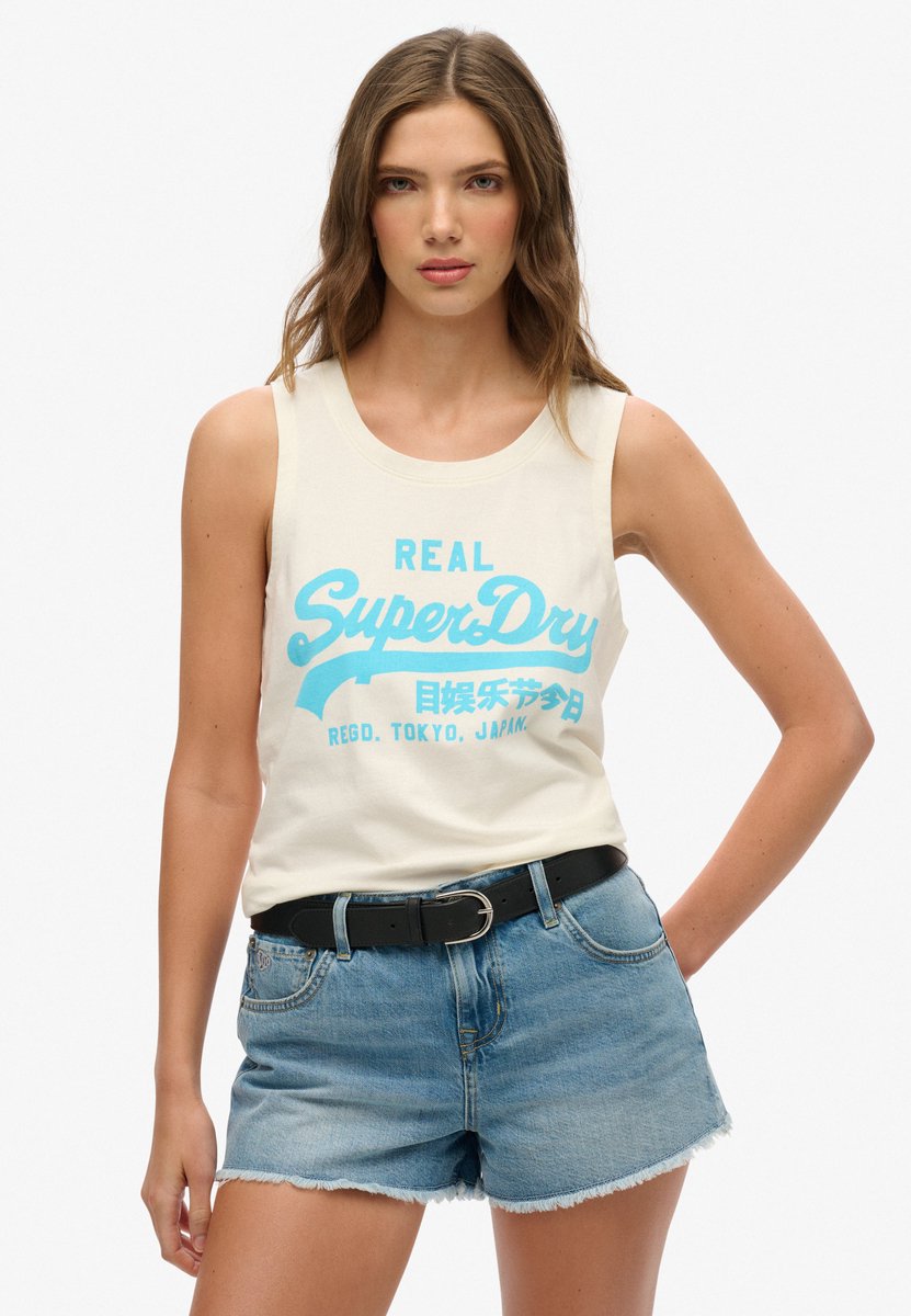 Superdry Vintage Logo neon tanktop met laag uitgesneden ronde hals Dames Vesten Creme