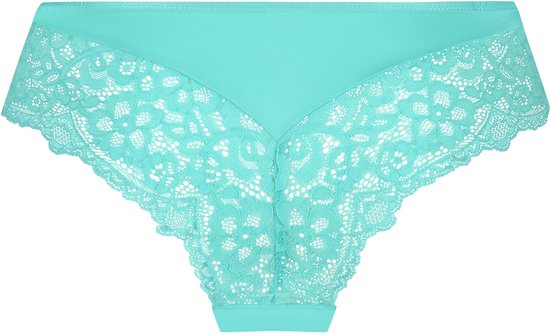 Slip brésilien turquoise avec un devant en forme de V et des détails en dentelle sur les côtés et le dos.
