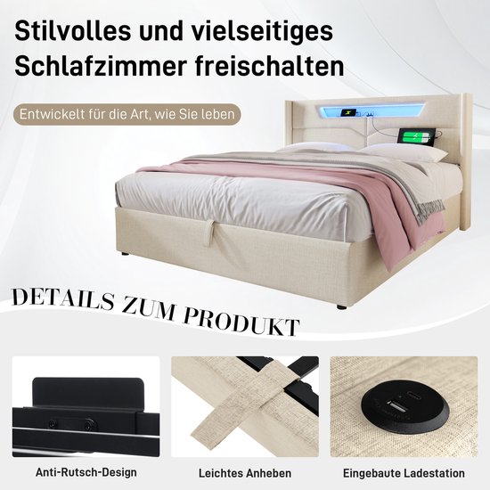 Lit rembourré beige avec espace de rangement, éclairage LED et station de chargement USB dans la tête de lit. Montre une conception antidérapante et un mécanisme de levage facile.