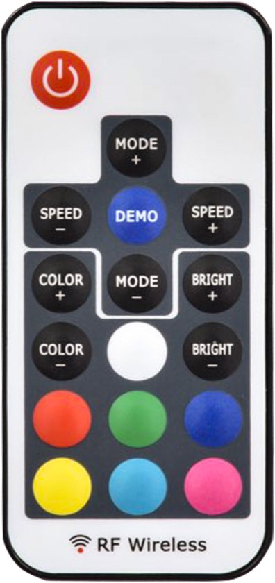 Télécommande avec boutons pour la couleur, le mode, la vitesse, la démo, la luminosité et l'alimentation.