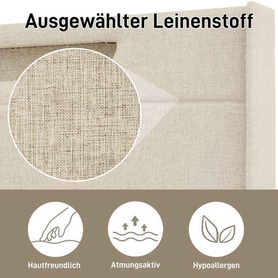 Détail du tissu de lin beige du lit, avec des icônes pour hypoallergénique, respirant et doux pour la peau.