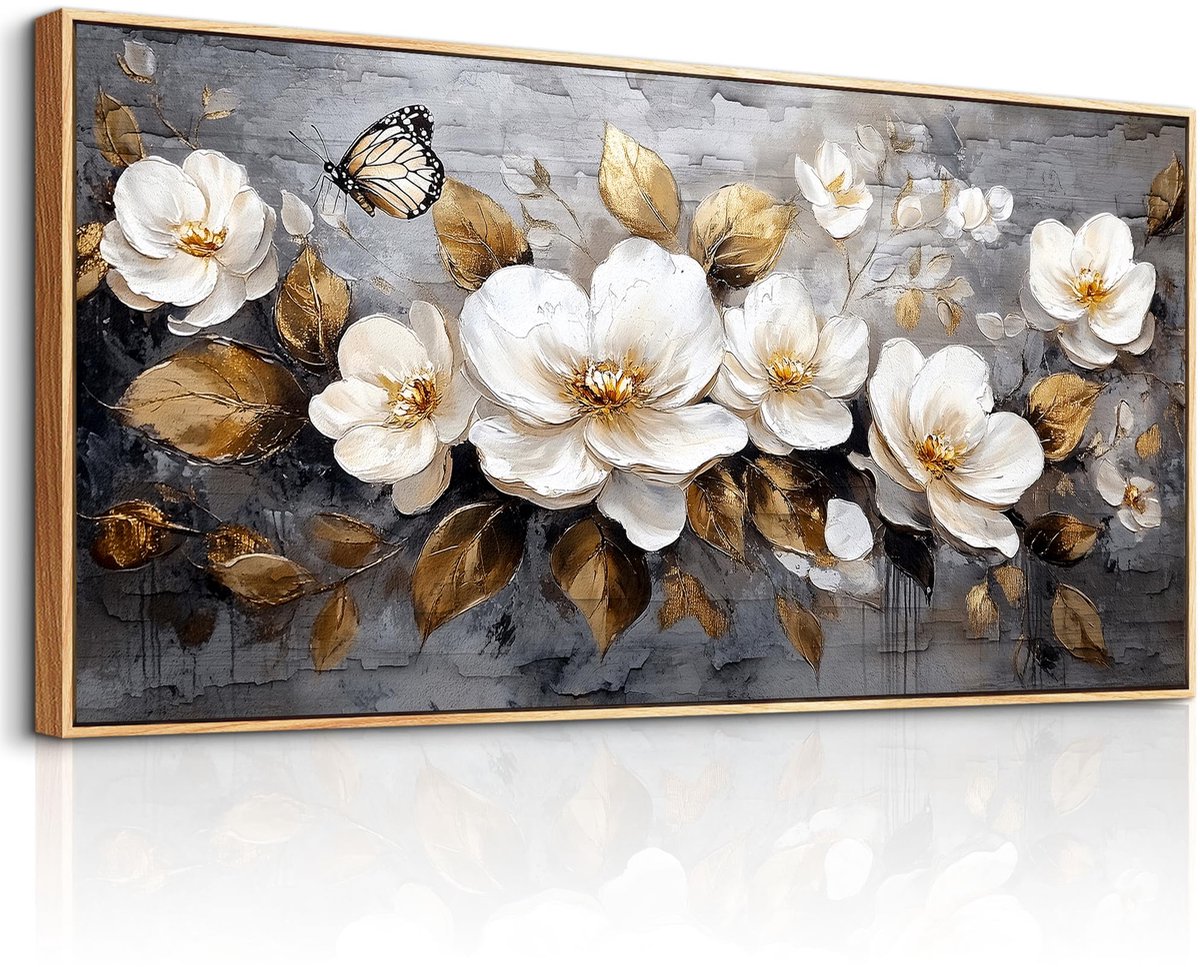 My Ninki ® Moderne Gouden Bloemen Kunstwerk Met Houten Lijst Voor Diverse Kamers, 50 x 100 cm, Esthetische Wanddecoratie wit