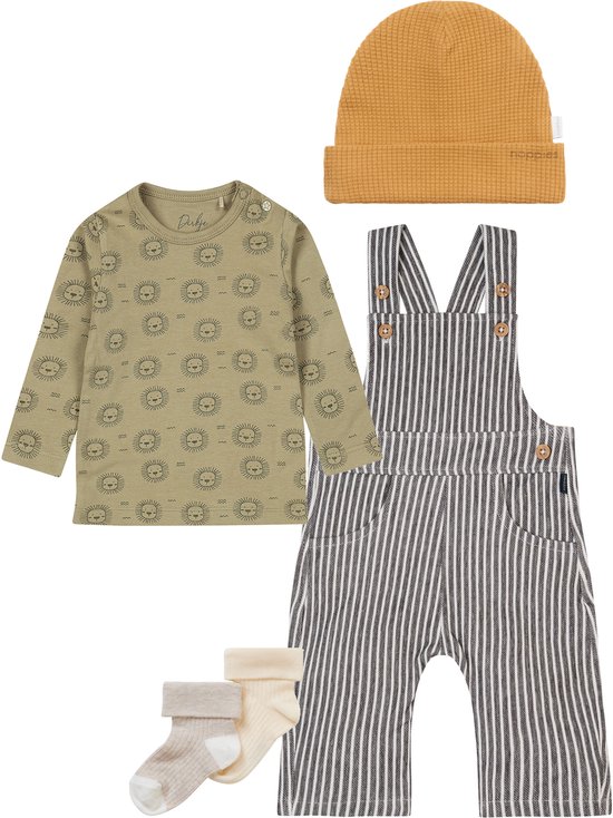 Noppies - Ensemble de vêtements - 5 pièces - Salopette Gauchi Stripe - Chemise vert mousse - Bonnet Mebane ocre - 2 paires de chaussettes Breese - Taille 80