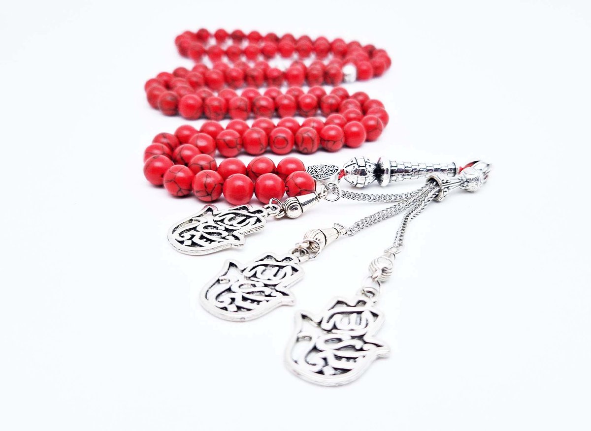 Handgemaakte tesbih "Tasbih" natuursteen "Rode howliet" - Aantal kralen 99 - Diameter kralen 8MM - met metaal tassel "Maryams handpalm" - Een mooi cadeau-idee