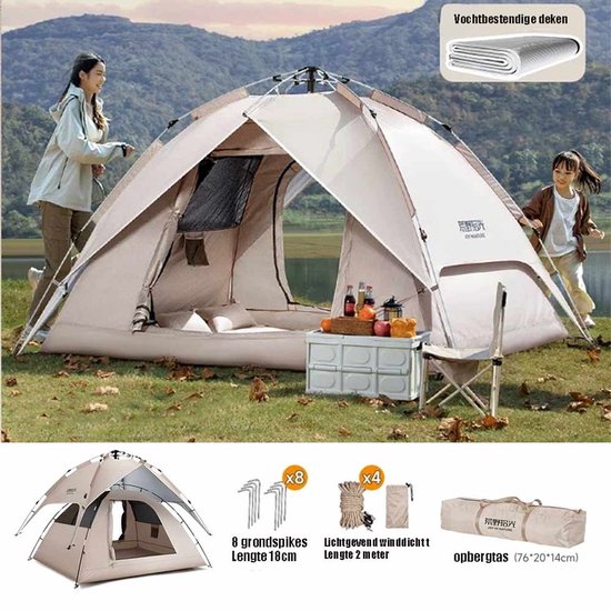 Kampeertent XXL -Dubbellaagse Zilverlijm koepeltenten-Waterdicht en winddicht-Automatische koepeltent voor 3-4 personen-220*200*145CM-Pop-up tent-campingtent met deur en raam-Met mat en Tenttouw-voor buiten- Cadeau voor Vaderdag van Merkloos — afbeelding 4