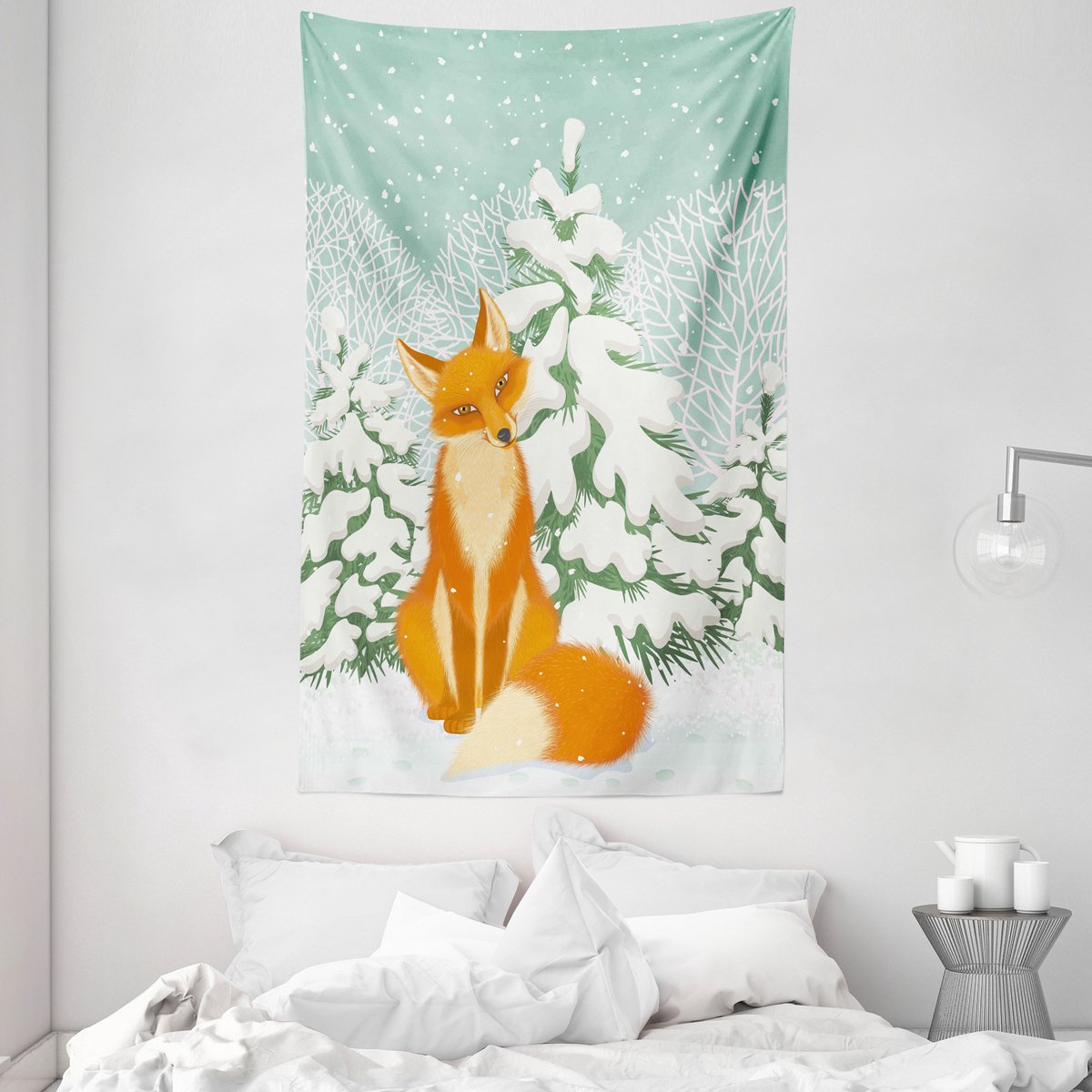 New Bed Vos Rode Vos Winterbos Kerst Decoratieve Wandtapijt, Stoffen Wanddecoratie voor Slaapkamer Woonkamer Studentenkamer, 140cm x 230cm Amandel Groen, Oranje