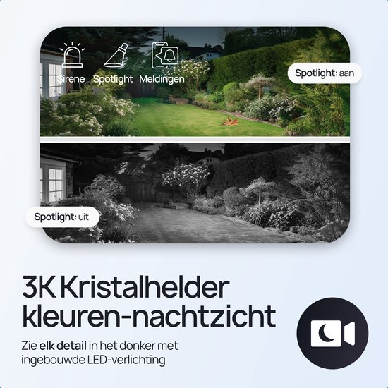 Zwarte Protectly beveiligingscamera met 3K kristalhelder kleuren-nachtzicht en ingebouwde LED-verlichting.