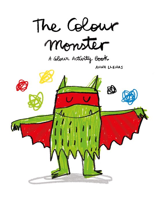 De 'Colour Monster' kleuractiviteitenboek met een groene monstertekening en gekleurde krabbels.