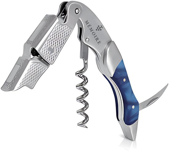Mémoire® Couteau Sommelier Résine Saffier & RVS - Kurkentrekker van Edelhars - 3 in 1 Sommelier mes met Flessenopener en Foliesnijder - Stijlvolle en Duurzame Wijnopener - Perfect voor Horeca en Thuis - Premium Kelnermes voor Wijnliefhebbers