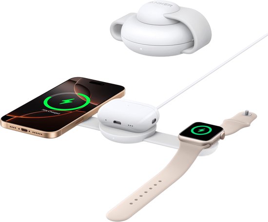 Anker Charging MagGo 3-in-1 Vouwbare Draadloze Snellader – 15W – Qi2-gecertificeerd – Opvouwbaar en Draagbaar – Geschikt voor iPhone 16/15/14/13, AirPods, Apple Watch en meer – Wit