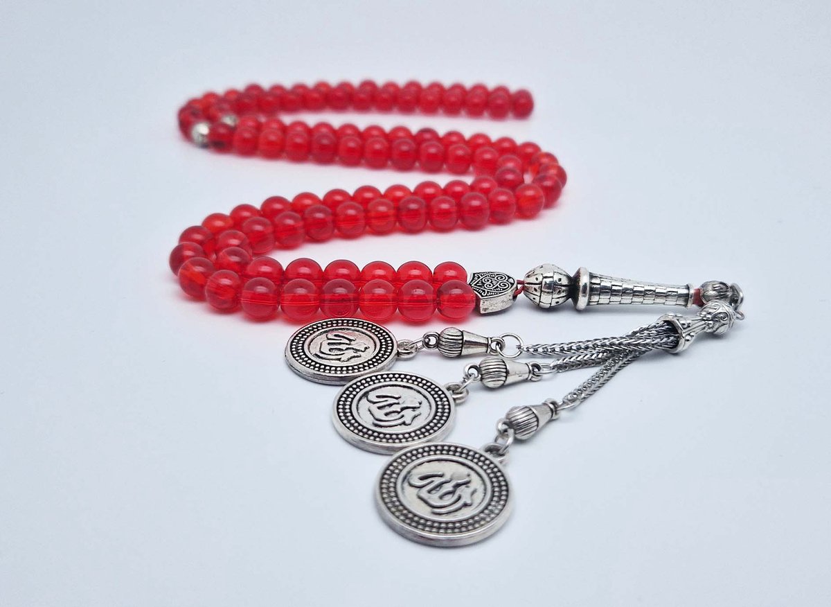Handgemaakte tesbih "Tasbih" natuursteen "Rode kwarts" - Aantal kralen 99 - Diameter kralen 8MM - met metaal tassel "Allah Alwahid" - Een mooi cadeau-idee