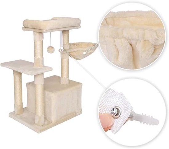lionto Krabton van jute met speelbal en pluche rand, hoogte 70 cm, stabiele krabpaal voor kleine en grote katten, perfecte nagelverzorging en bezigheid, met veel verstopmogelijkheden, 36 cm, beige