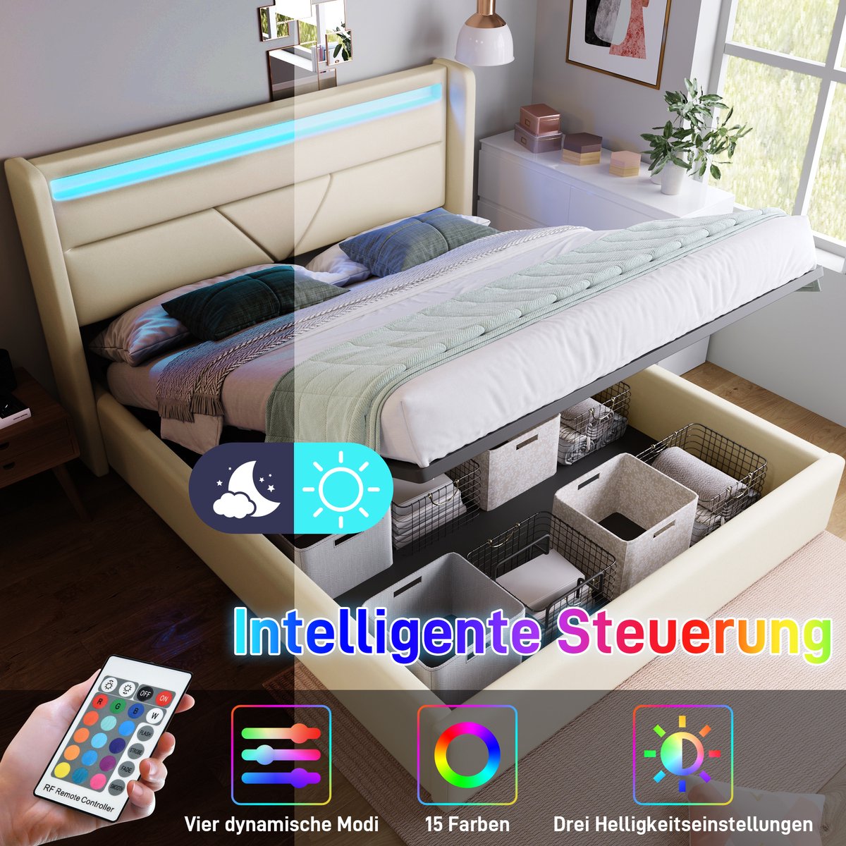 Merax Hydraulisch opbergbed met LED verlichtingsstrip, tweepersoonsbed bedframe gestoffeerd bed 160x200cm, functioneel bed, wit (met afstandsbediening)