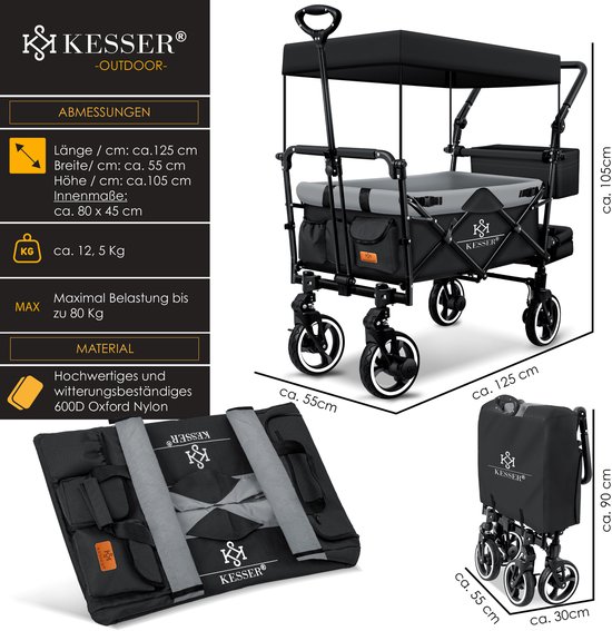 KESSER® Bolderkar GTS-9100 opvouwbaar met Dak tot 80 kg draagvermogen - Zwart / Grijs van KESSER — afbeelding 2