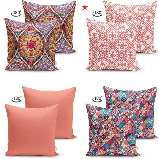 Lot de 4 Coussins décoratifs - COUSSINS INTÉRIEURS COMPRIS 45x45 cm - mosaïque marocaine - bleu - orange - rouge - marron - imprimé double face - taie d'oreiller - oreillers salon - housse de coussin