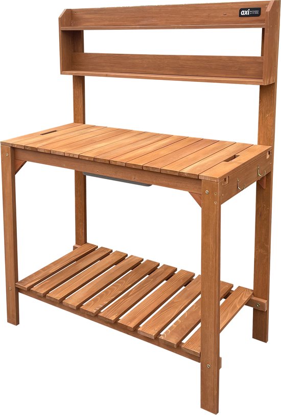 AXI Jardinière surélevée avec plan de travail coulissant, marron - Table de rempotage - Bois de pruche - 100 x 46 x 140 cm - Avec bac en plastique - Jardinière extérieur pratique avec espace de rangement