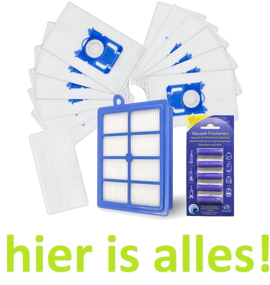 BIG set compatibel met ELECTROLUX - PHILIPS - AEG - stofzuigers 12 zakken - HEPA filter - inlaatfilter geurstaafjes. Een vervanging die net zo goed is als het origineel.