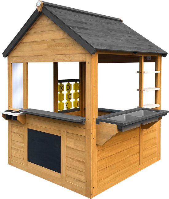 AXI Lynn Speelhuis in Bruin / Antraciet – Houten Speelhuisje met Speelkeuken, Boter, Kaas en Eieren spel en accessoires – FSC hout – Tuinhuisje voor kinderen - 10 jaar garantie!