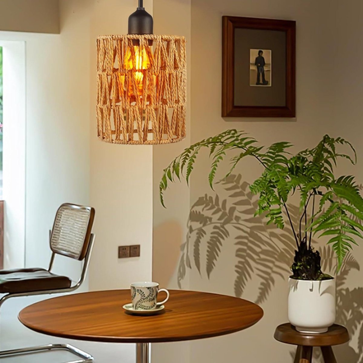 Rotan hanglamp, batterij-aangedreven lamp met afstandsbediening