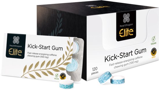 Healthspan Elite Kick-Start Gum: 120 stuks, snelle cafeïne kauwgom. Blauwe kauwgom met witte en blauwe spikkels.