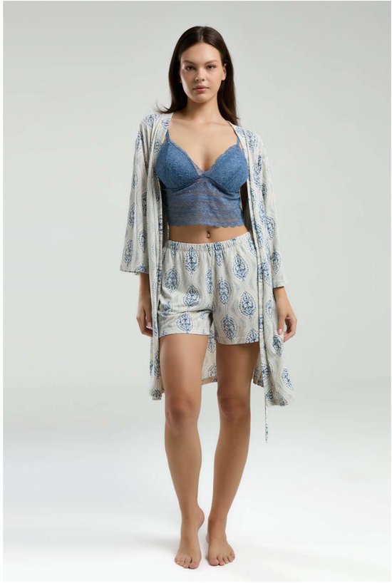 Arnetta Dames Pyjama set / Grijs / Kimono / Kamerjas / Shorts dames Set / Cadeau voor Vrouwen / Bustier / Maat: S