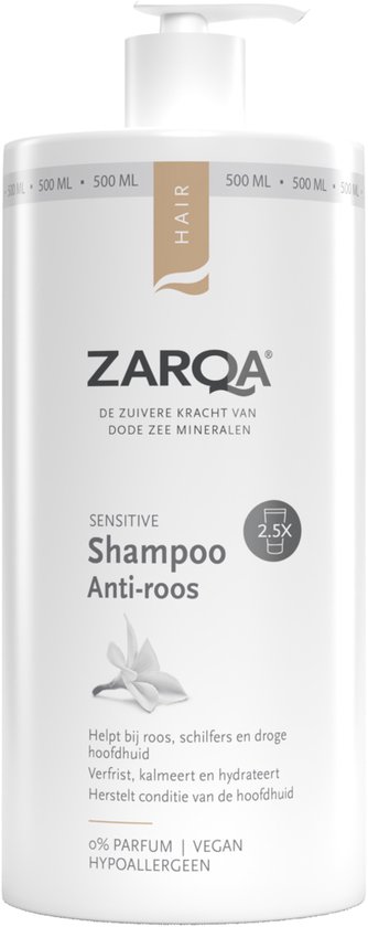 Witte fles ZARQA Sensitive Anti-roos Shampoo, 500 ml, met pompdispenser.