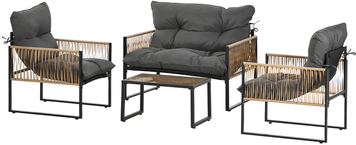 Sweiko Tuin loungeset - 4 stuks - Bank + 2 stoelen + tafel met glazen blad - Metalen frame + polyrotan - Grijs