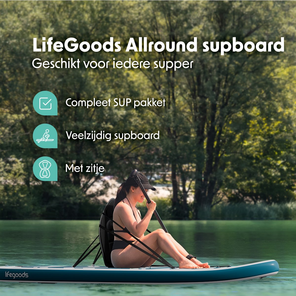 LifeGoods PaddlePro SUP Board - met Zitje - Opblaasbaar Paddle Board - Complete Set - Max. 150KG - 320x81cm - Wit/Deep Aqua – foto 2