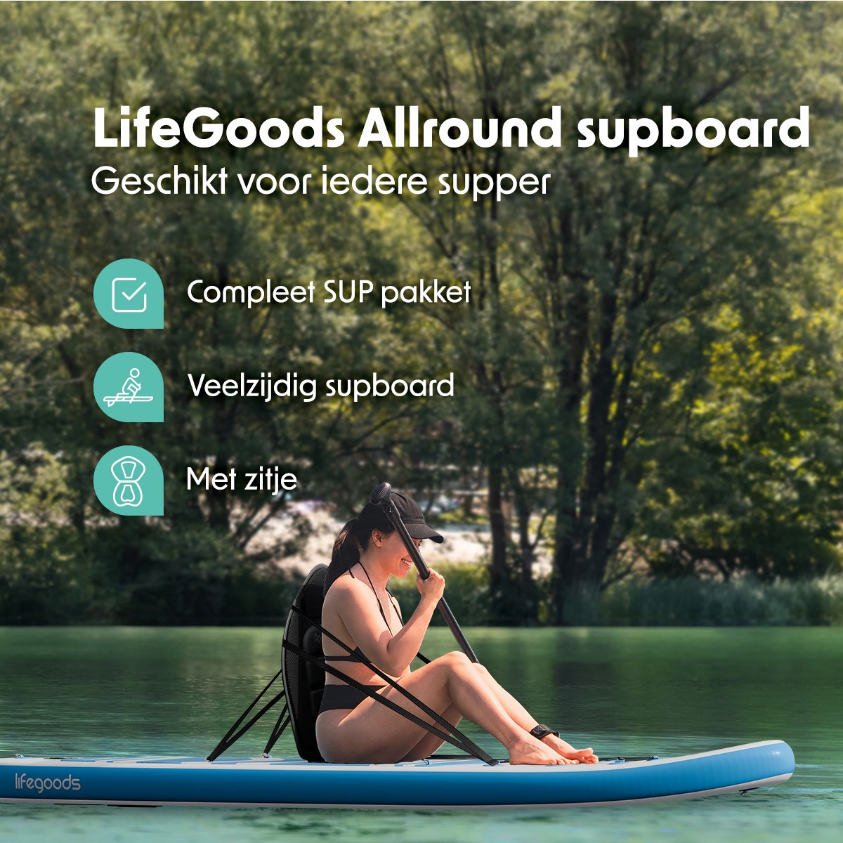LifeGoods PaddlePro SUP Board - met Zitje - Opblaasbaar Paddle Board - Complete Set - Max. 150KG - 320x81cm - Wit/Sky Blue – foto 2