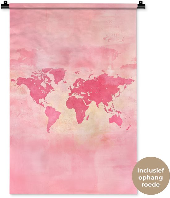 Wandkleed 60x90 cm - Wanddoek Wereldkaart - Roze - Vaag - Wandtapijt - Wandkleden