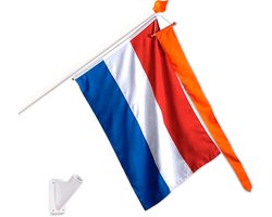 Nederlandse vlag met stok met oranje wimpel en vlaggenstokhouder - Set